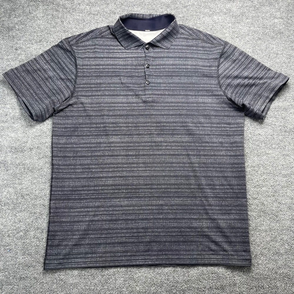 Lululemon Propel Polo Mens L Gray Black Striped Short Sleeve Golf Shirt